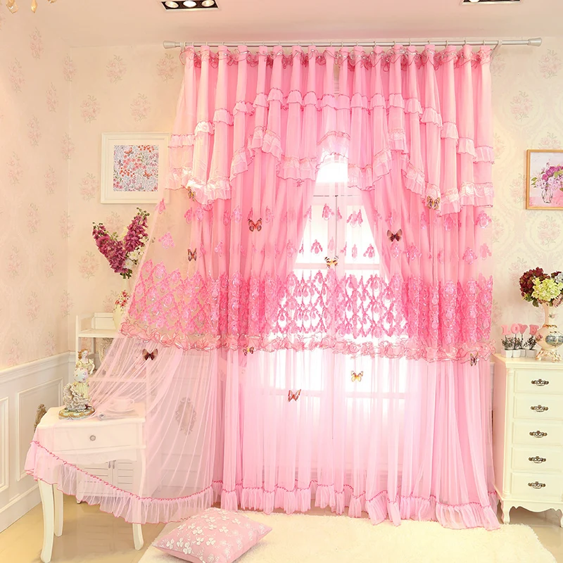 Customize Luxury Lace Curtains Pink Crystal Flowers Double Layer Tulle