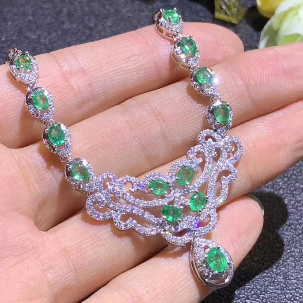 Collier pendentif vert émeraude naturel S925 argent collier de pierres précieuses naturelles mode B