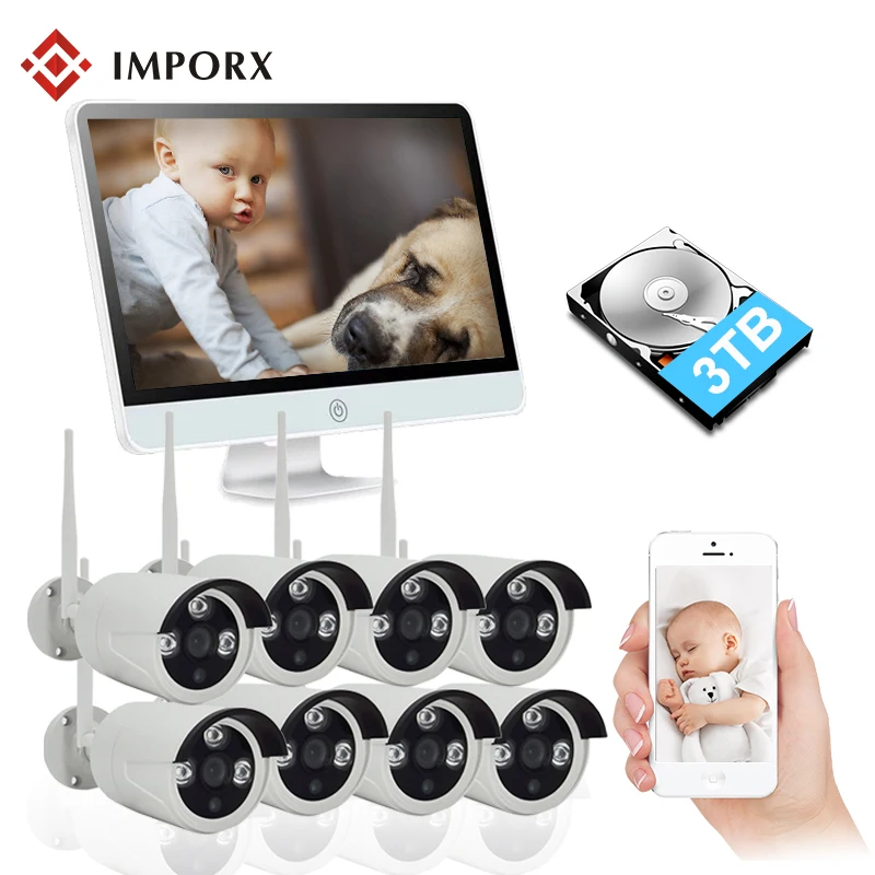 

1080P 8CH Wireless NVR Kit 16"LCD Monitor 8PCS Wifi IP Camera Outdoor Waterproof CCTV System P2P Security Surveillance Kit