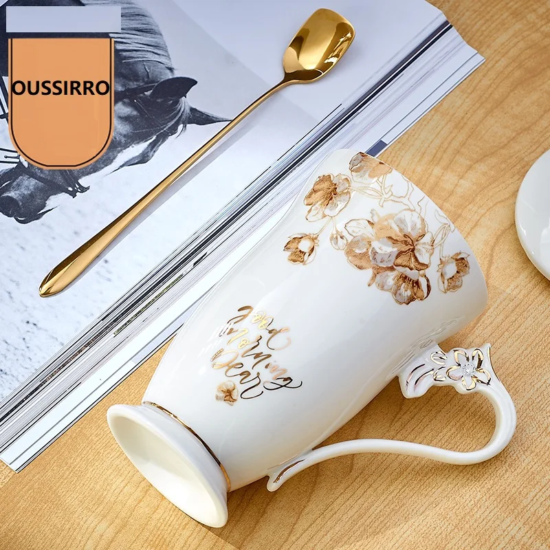 OUSSIRRO, чашка из костяного фарфора с крышкой, ложка, милая мультяшная кружка, чашка для детей, студентов, высокая емкость, Офисная чашка для молока, кофейная чашка