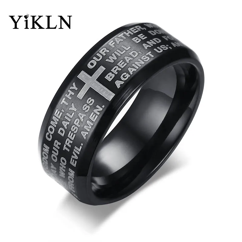 

YiKLN Brand Titanium Steel Men's Rings Religious Jewelry 8MM English Lord Prayer Ring 3 Colors Optional Dropshipping Anel JR364