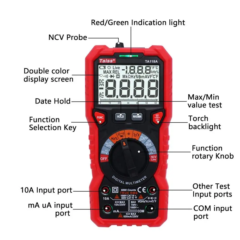 Goedkoop 6000 Telt Auto Variërend Multifunctionele Multimeter NCV, AC, DC Stroom Detector Diode Elektronische Tester met LCD Backlight Rood