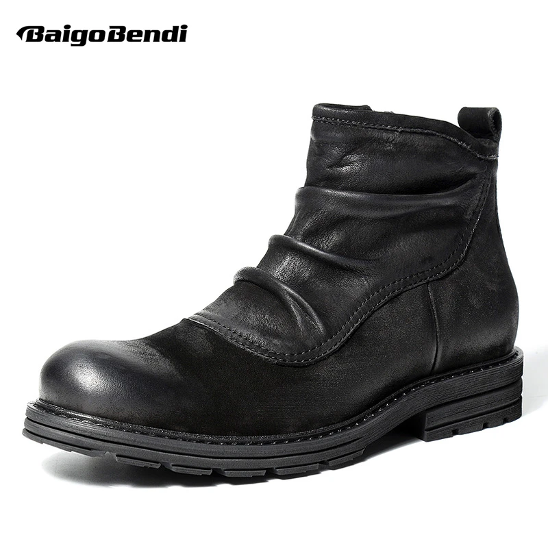 レトロしわメンズ本革チェルシーブーツジッパーアンクルブーツビジネスマンオックスフォード冬暖かい豪華な雪のブーツ Boots Zipper Boots Bootsboots Men Aliexpress
