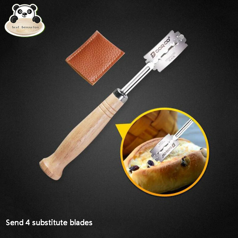 

High-end wooden handle curved bread cutter European bread cutter baking cutter to send 4 pieces of replacement blade