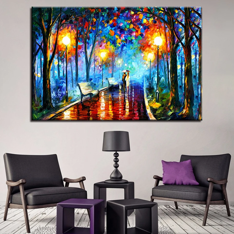 

Canvas Prints Pictures Wall Art Framework 1 Piece Walking In The Rain Nightscape Poster Abstract Color Tree Painting Home Decor