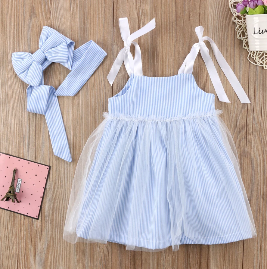 2Pcs Fashion Kids Baby Girl Stripes Lace Tulle Dress Summer Spaghetti Strap Dress Sundress+Headband Clothes Set alluring spaghetti strap fringe design pure color dress for women