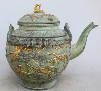 

13"Marked Chinese Dynasty Palace Bronze Red-Crowned Crane Wine Wine Pot Flagon