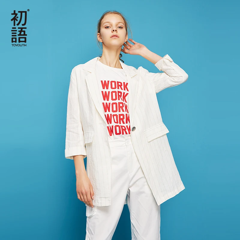 Toyouth New Autumn White Korean Fashion Blazer Women Casual Linen Light Blazer Feminino Office Ladies Jackets Women Tops