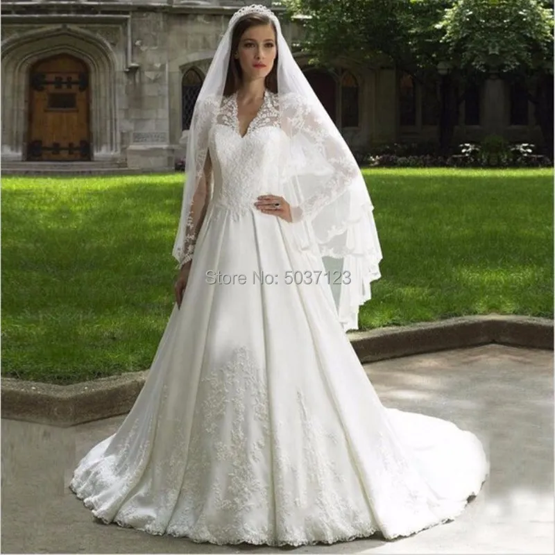 Satin Wedding Dresses V Neck Long Sleeves Lace Appliques A Line Illusion Wedding Bridal Gowns Plus Size Vestido De Novia
