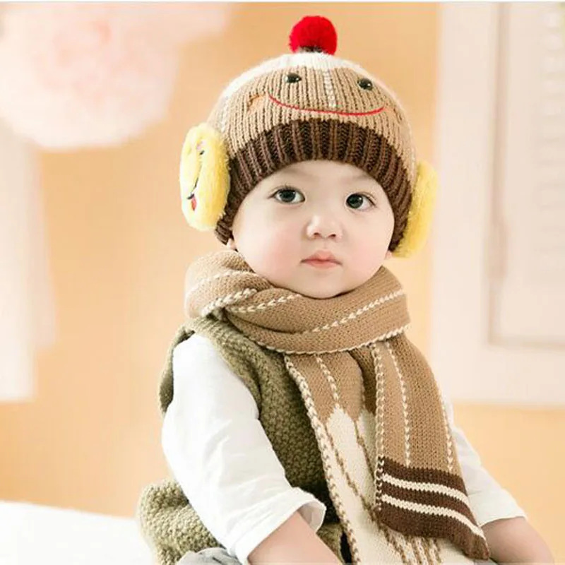 2 шт./компл. Детские Зимние улыбка шапка с шарфом для новорожденных Bebe детская теплая шапка и шарф комплект 3 месяца-3 лет - Цвет: khaki