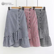Летний хлопковый клетчатый карандаш юбка Для женщин Русалка Высокая Талия Повседневная обувь пуговица для юбки с оборками Труба дамы Harajuku B064