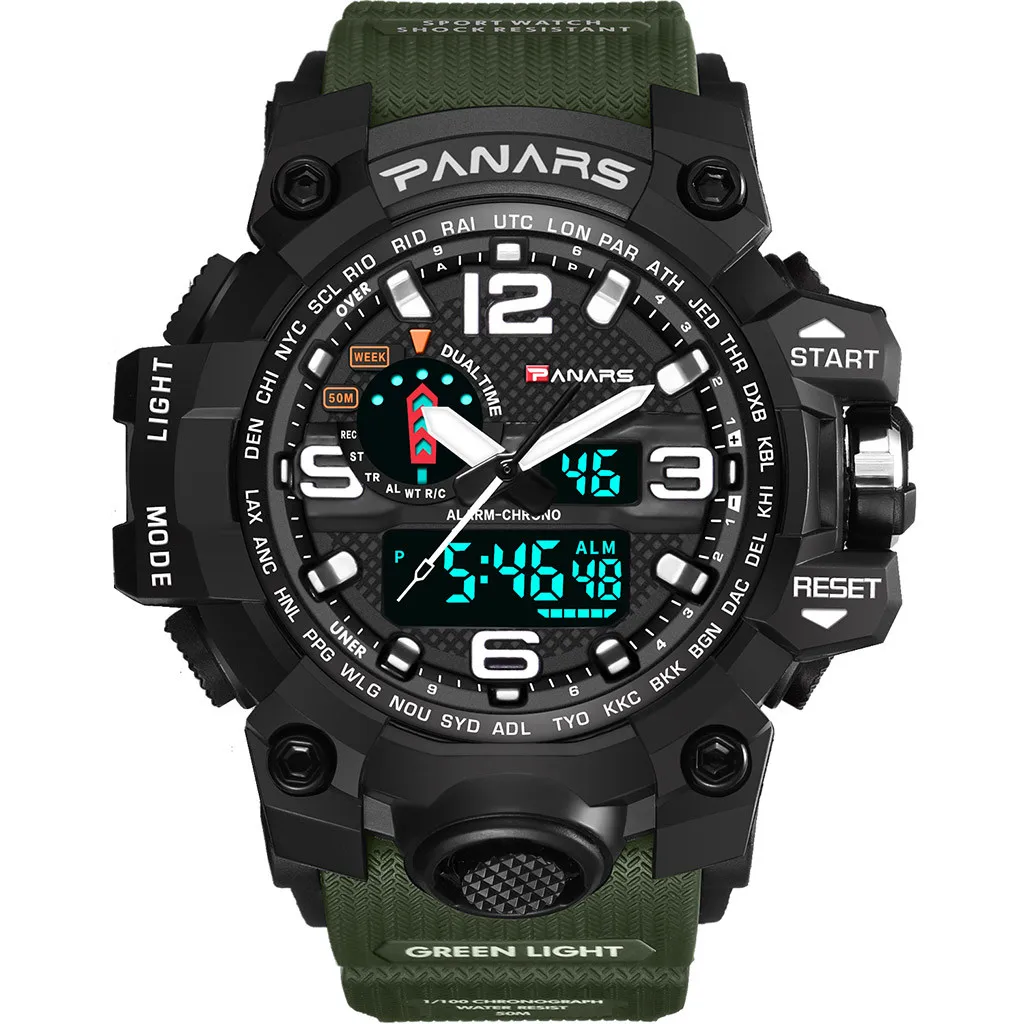 

PANARS GMT Fashion Sports Brand Men Watches Two Place Multi Function Dual Display Pointer Luminous Sports Electronic Mens Watch