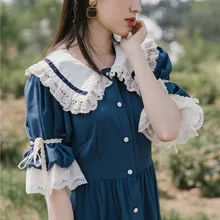 Винтажное женское синее платье, милое платье с воротником Питер Пэн, кружевное платье с расклешенными рукавами, длинное платье макси для стройной леди Мори, для девушек, Vestidos Faldas