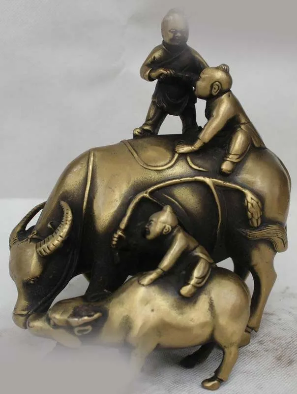 

8"China Chinese Folk Bronze Lucky Lifelike Three cowboy Two Ox cow Cattle Statue