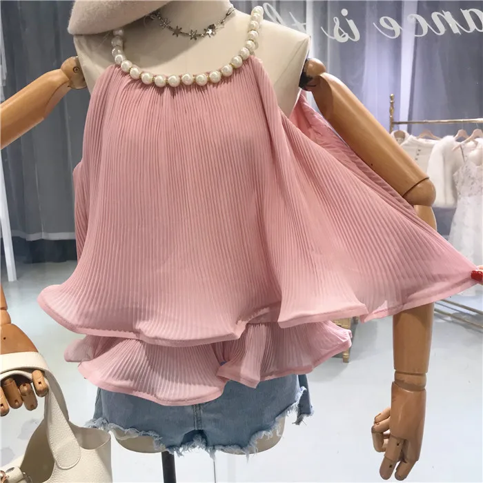 Amolapha Женская оборками Soild с бисерными бретельками модная шифоновая блузка жилет Блузка Топы