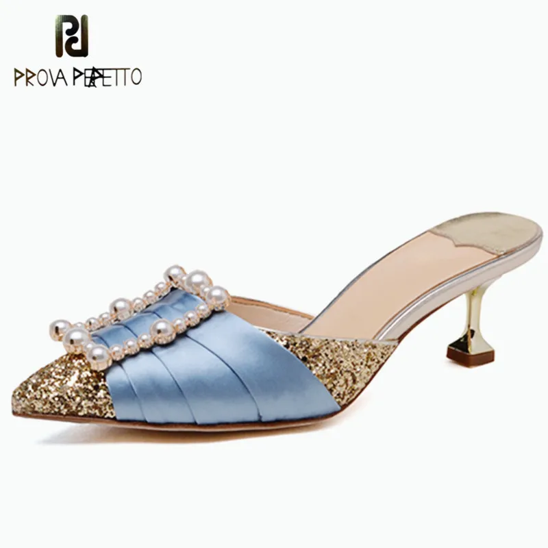 

Prova Perfetto Spring Summer Fashion Patchwork Pointed High Heels Shoes Woman String Bead Paillette Kitten Heel Women Slippers