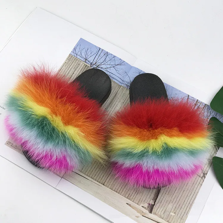 Wholesale Real Fox Slippers Kids Rainbow Neon Color Toldder Fur Child Home Slides Girls Raccoon Super Fluffy Cute Flat Summer