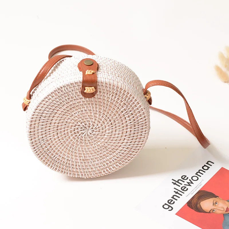 

white color Bali Vintage Handmade Crossbody Leather Bag Round Beach Bag Girls Circle Rattan bag Small Bohemian Shoulder bag