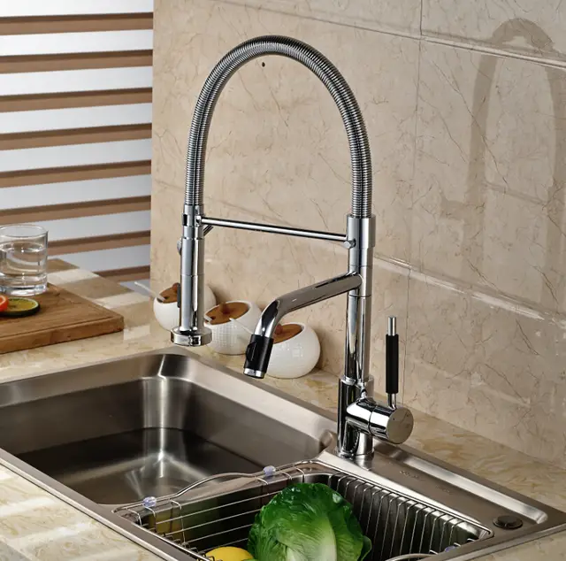 Luxury Dual Spout Pull Down Side Sprayer Kitchen Sink Faucet Deck