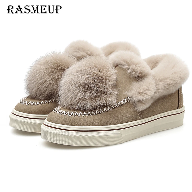 

RASMEUP Rabbit Hair Women Winter Snow Boots Genuine Leather Black Women's Warm Plush Flat Shoes 2018 Non-slip Woman Snowboots