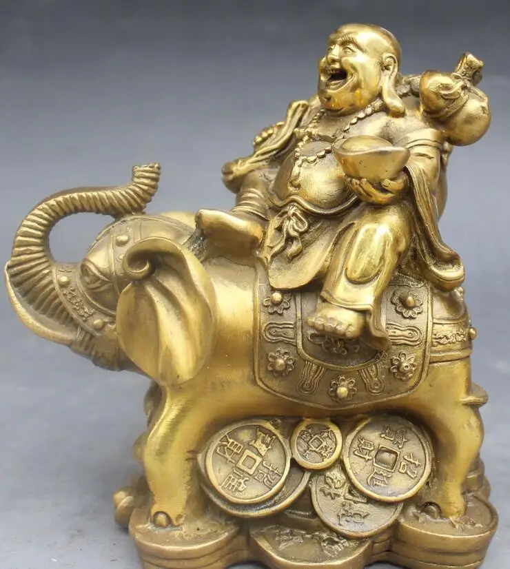 

6710561++6" China Buddhism Bronze Happy Laugh Maitreya Ride Elephant Hold YuanBao Statue
