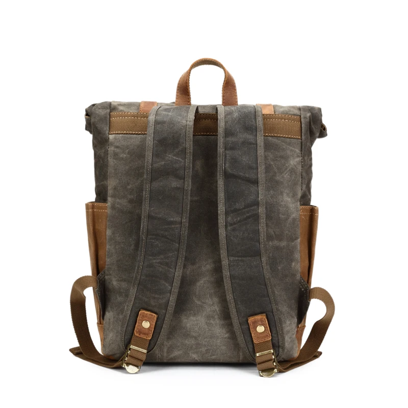 BACK DISPLAY of Woosir Waterproof Waxed Canvas Leather College Weekend Travel laptops Backpack