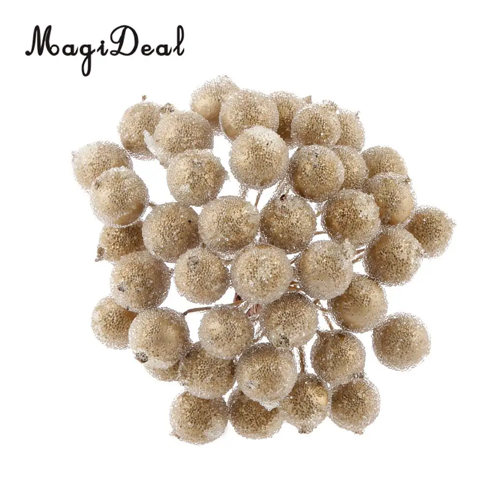 MagiDeal 200 pcs Mini Artificial Frosted Berries Christmas Frosted Fake Fruit Berry Holly Artificial Plant Decor Gold