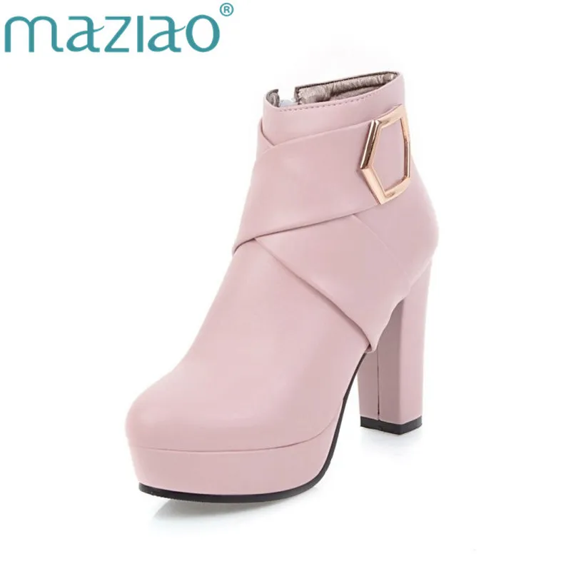 

MAZIAO 2018 Plus Size 34-43 Platform Women Shoes Woman Fashion High Heels Black Pink Beige Zip Up Buckle Ankle Boots Winter