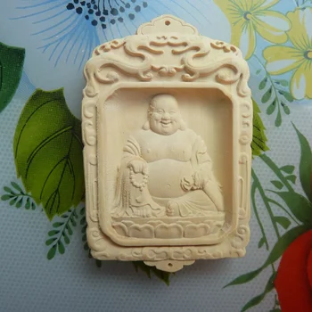 

Natural leaflet, boxwood, wood carving, Maitreya Buddha Pendant, handicrafts accessories