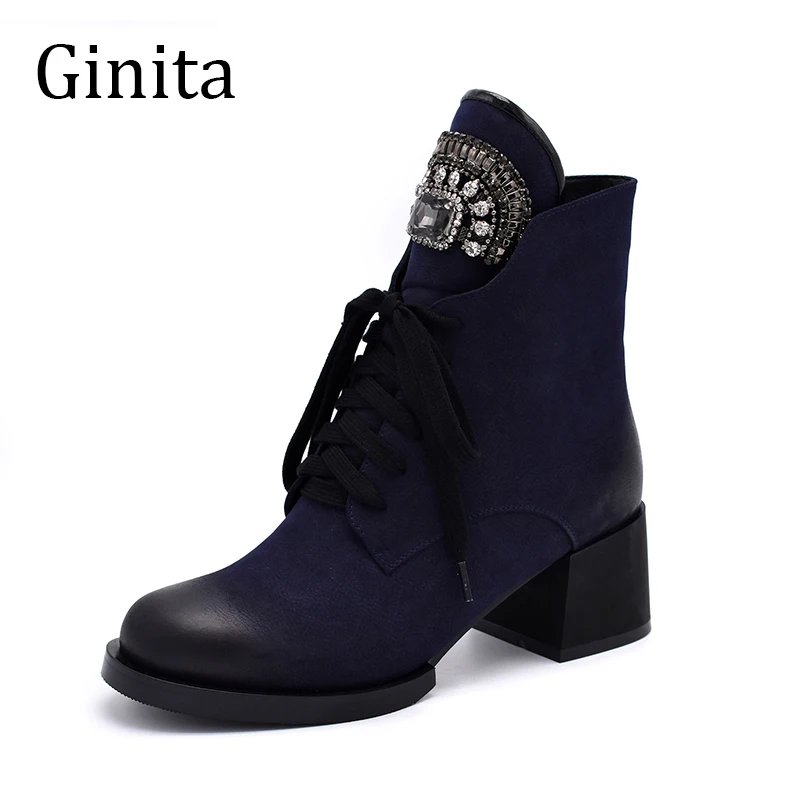 

Ginita Winter Women's Thick Fur Ankle Boots Dark Blue Crystal Plush Warm Snow Boots Shoes For Women zapatos de mujer