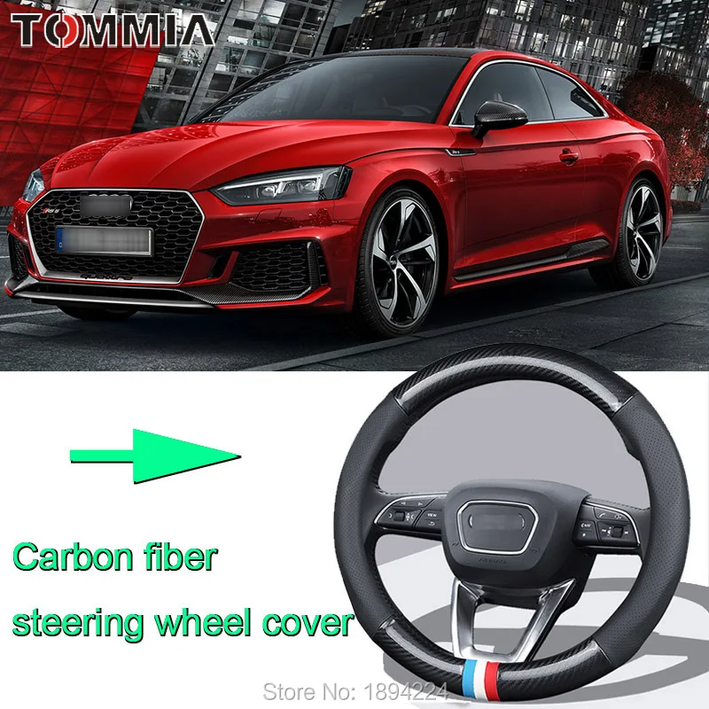 

38CM Size M Rubber Carbon Fiber Leather Car Steering Wheel Cover Non-slip breathable For Audi RS5 Coupe 2018
