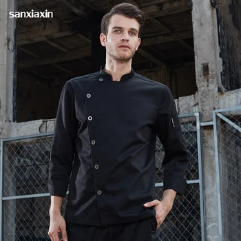 

new Long Sleeves Restaurant Uniform Breathable Solid Black Color Food Service Cafe Waiter Work Wear Chef Jackets Uniforms Aprons