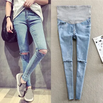 

Spring Autumn Pregnant Women Jeans Holes Denim Maternity Pants Nursing Prop Belly Trouser S7JN