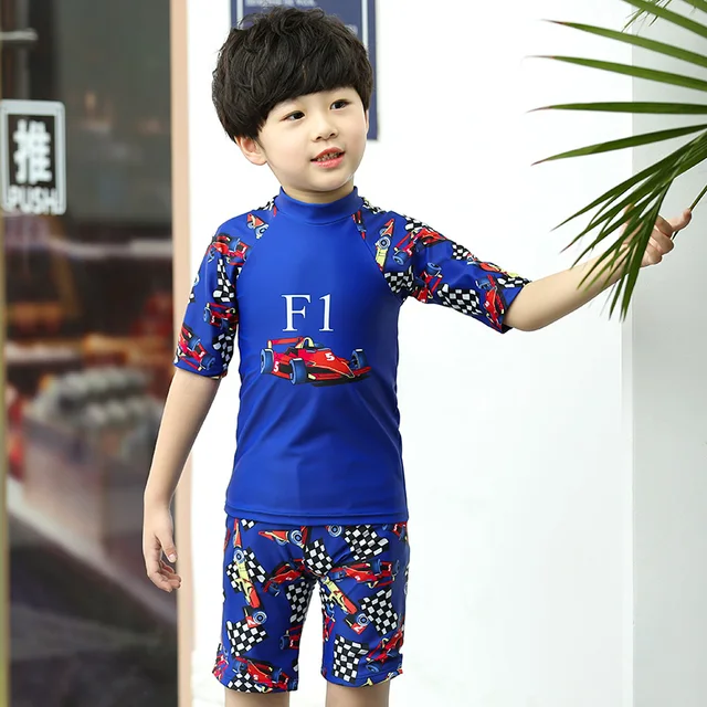 Special Offers 2018 new baby Red blue Race car print short-sleeved handsome boy swimwear Beach Children's two Piece Suits swimsuit 