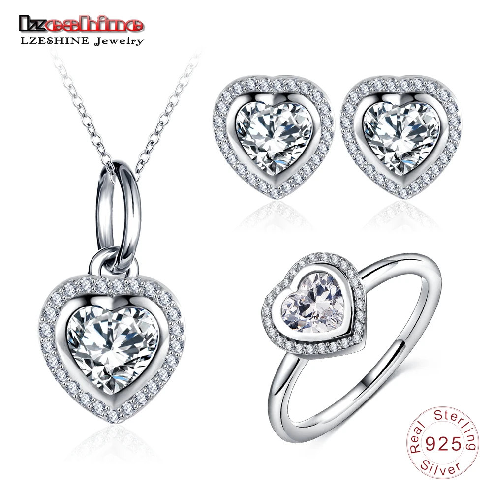

LZESHINE Romantic 925 Sterling Silver Wedding Jewelry For Women Sparkling CZ Heart Shape Necklace/Ring/Stud Earrings Sets Gift