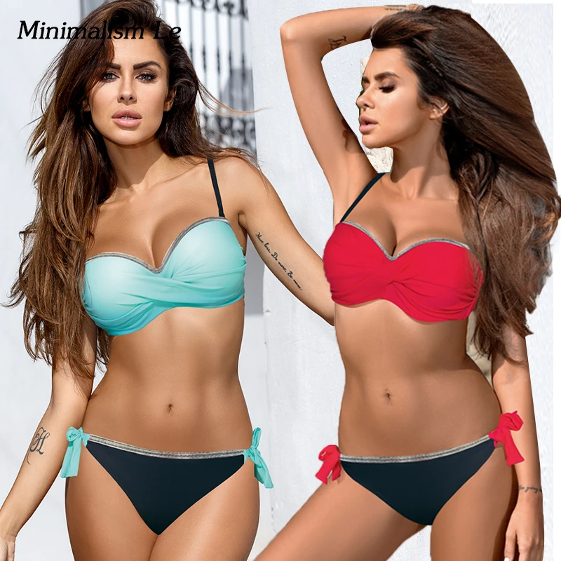 

Summer Push Up Bikinis Sexy Solid Patchwork Bikini Set Women Bandage Swimsuit Swimwear Plus Size Bathing Suit Beachwear Biquini