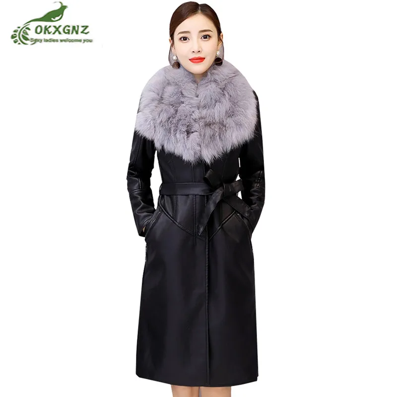 2019Leather Winter Jacket Female Long Real Fur Collar Moto