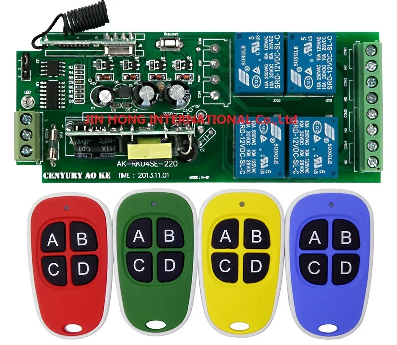 

New 4CH 85V~250V 110V 220V RF Wireless Remote Control Relay Switch Receiver & 4* kinds color Transmitters For Garage Doors