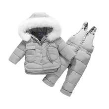Комплект зимней одежды для маленьких девочек, детский зимний лыжный костюм на 90% утином пуху для мальчиков и девочек зимний комбинезон, детская куртка, пальто+ комбинезон, комплект, костюм