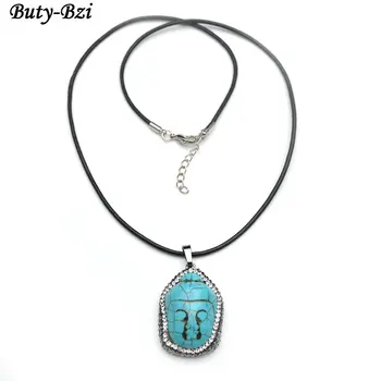 

Kuanyin Buddha Howlite Pendant Necklace Rhinestone Paved Buddhist Protective Talisman Jewelry
