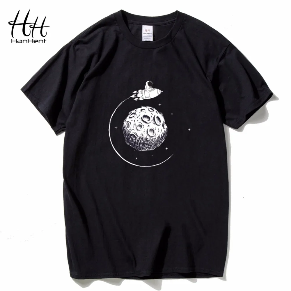 

HanHent creative design astronaut explore moon t shirt men cotton casual slim tshirts tops 3d print funny t-shirt black 2xl
