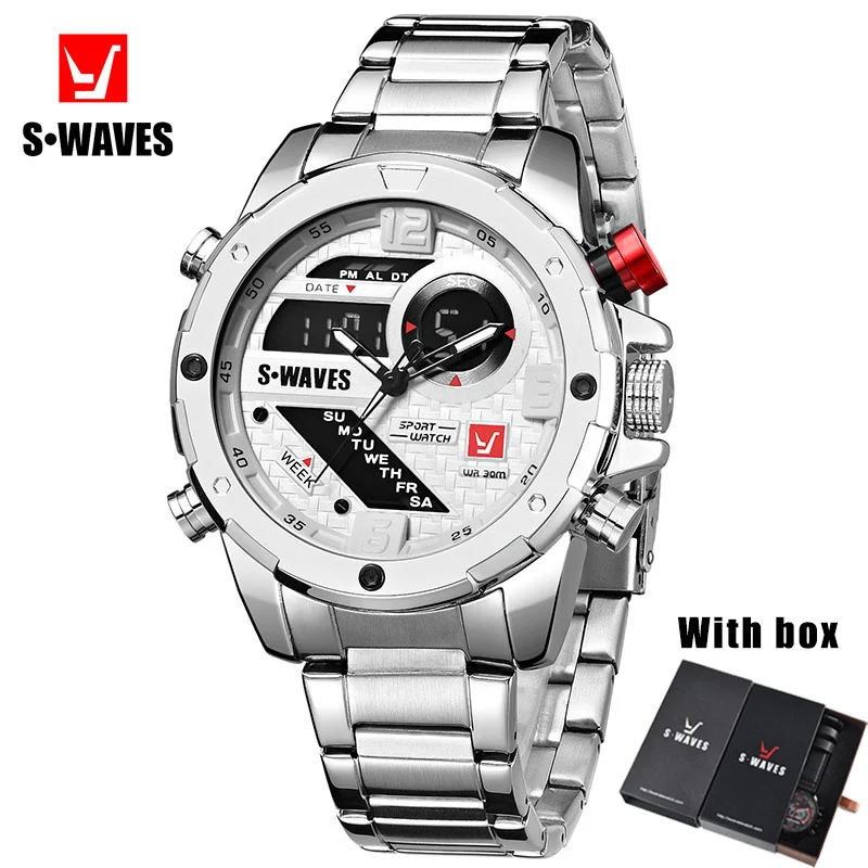 

Swaves Mens Watches With Box Dual Display Waterproof Military Stainless Steel Watch Men Luxury Digital Analog Relogios Masculino