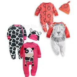 Детские пижамы хлопок 3 шт./компл. 2 комбинезон + шапка Одежда для младенцев для маленьких девочек и мальчиков комбинезон для новорожденных