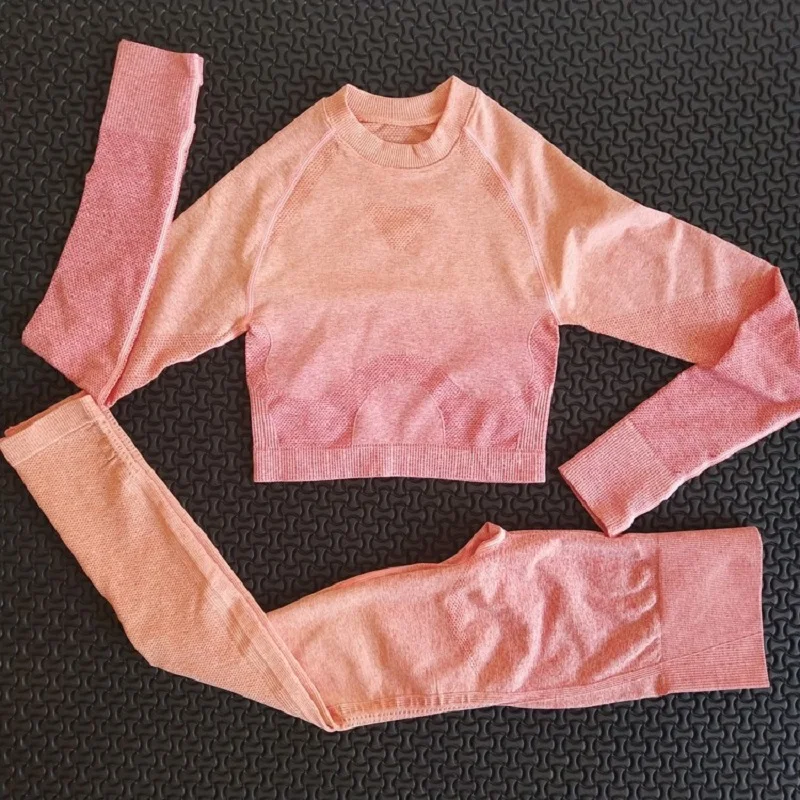 Ceny 2 sztuka zestaw gimnastyczny kobiet ombre bezszwowe workout zestaw zestawy do jogi kobiet ubrania gimnastyczne z długim rękawem odzież fitness odzież sportowa zestaw