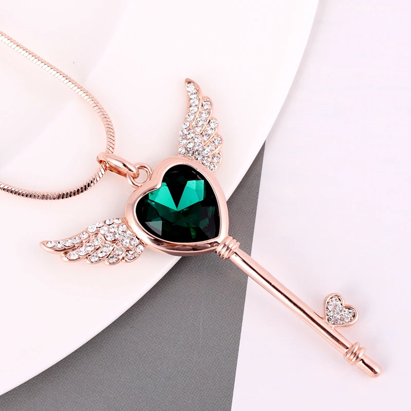 Top clásico de la manera llave del corazón del ala del ángel de cristal colgante de oro rosa de color collar largo/al por mayor/collier/bijoux femme/halskette