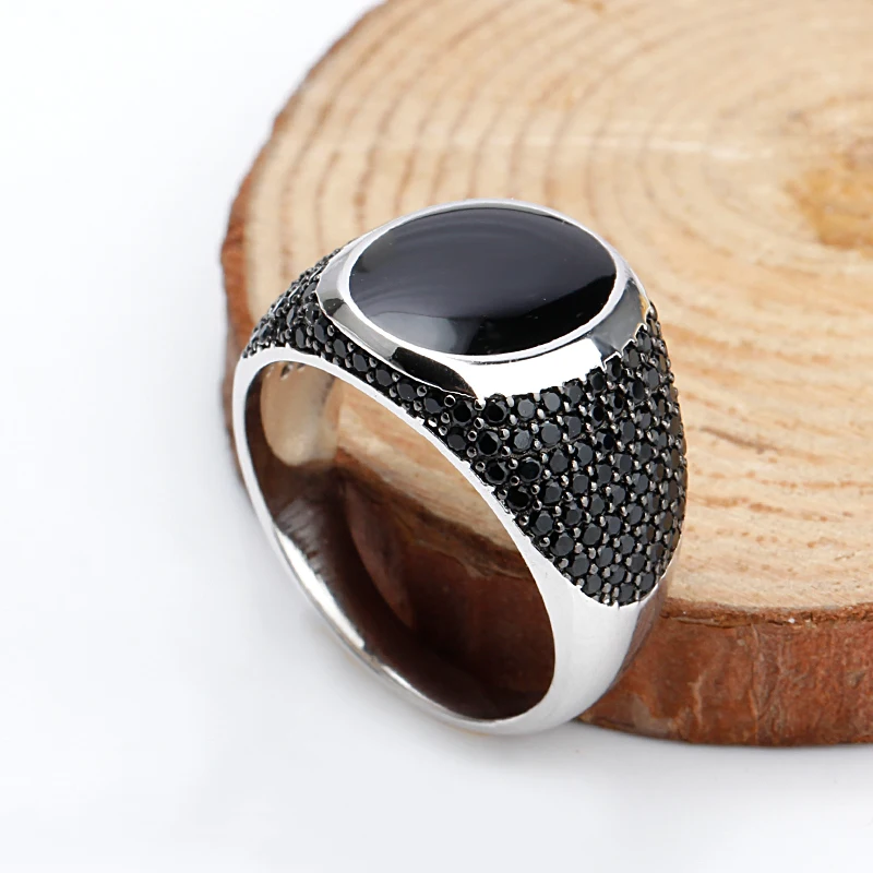 

925 Sterling Silver Black Enamel Rings with Black Cubic Zirconia Stones Unique Vintage Ring for Men Women Unisex Fashion Jewelry