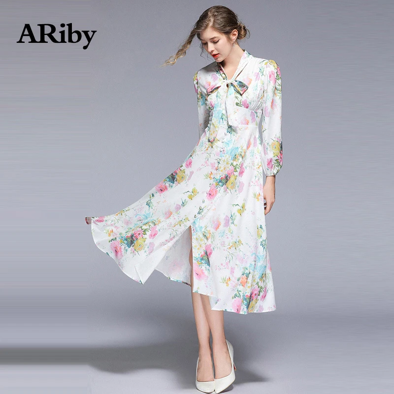 Dress Women Maxi Long White Dress 2019 Spring Summer New Lady Beach Style V Collar Empire A-Line Printed Thin Bow Mid-Calf Dress