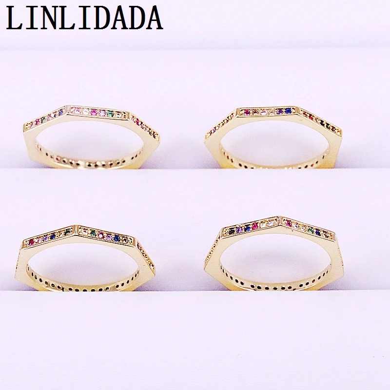 

Wholesale 10Pcs Multicolor rainbow CZ ring cubic zirconia elegance Delicate fashion gold color women rings