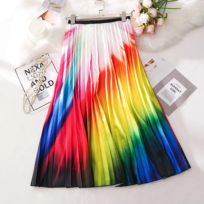 

2019 Fashion Women Long Skirt High Waist Summer Vintage Gradient Color A-Line Women Pleated Skirts Saia Faldas Jupe Femme