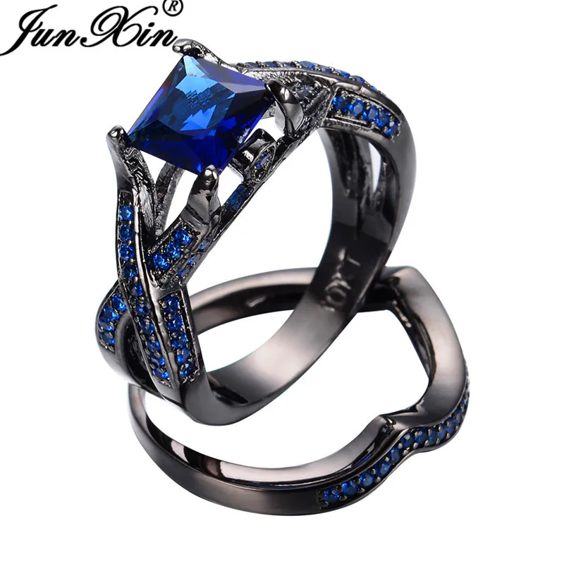 JUNXIN Винтажный геометрический Черный Позолоченный Скрещенные кольца для мужчин и женщин высокого качества синий AAA циркон обручальные кольца RB0228